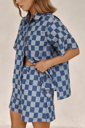 ROMRUM Womens Denim Shorts 2 Piece Set Plaid Short Sleeve Lapel Shacket Shirt High Waisted Jean Shorts Lounge Outfits(Medium, Black)