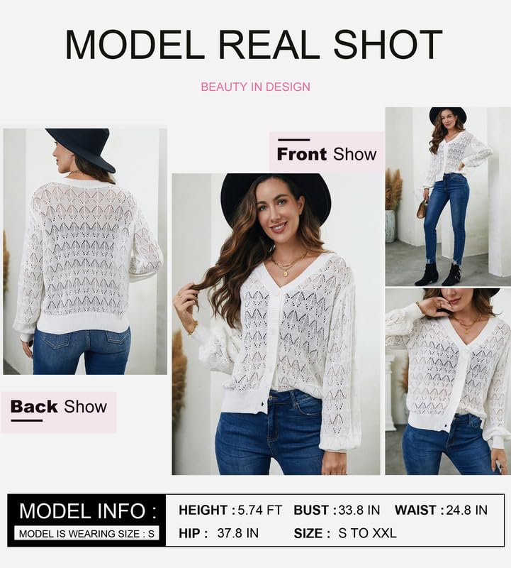 Dokotoo Women's Button Down Crochet Cardigan Casual Lightweight Long Sleeve Cropped Cardigan Sweaters Sexy V Neck Elegant Shrug Stylish White Open Front Outerwear XX-Large