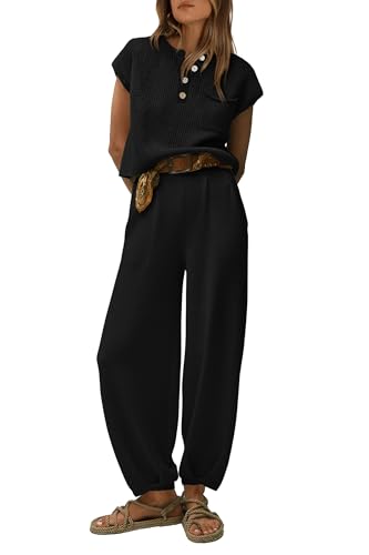 PRETTYGARDEN Womens Two Piece Outfits Sweater Sets Knit Pullover Tops And High Waisted Pants Matching Tracksuit Sweatsuit Set (Button Black,Medium)