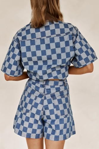 ROMRUM Womens Denim Shorts 2 Piece Set Plaid Short Sleeve Lapel Shacket Shirt High Waisted Jean Shorts Lounge Outfits(Medium, Black)