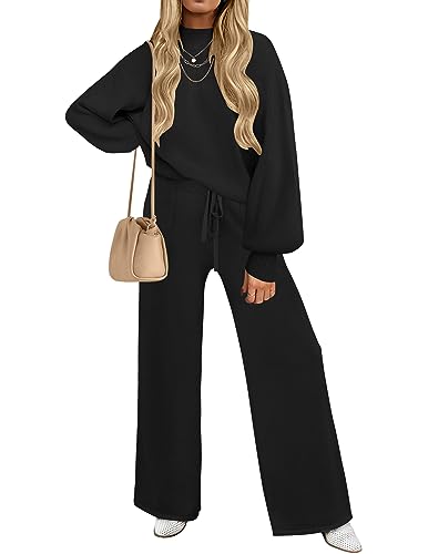 ZESICA Women's 2 Piece Outfits Sweater Set Long Sleeve Mock Neck Knit Pullover and Wide Leg Pants Lounge Sweatsuit Sets,Black,Medium