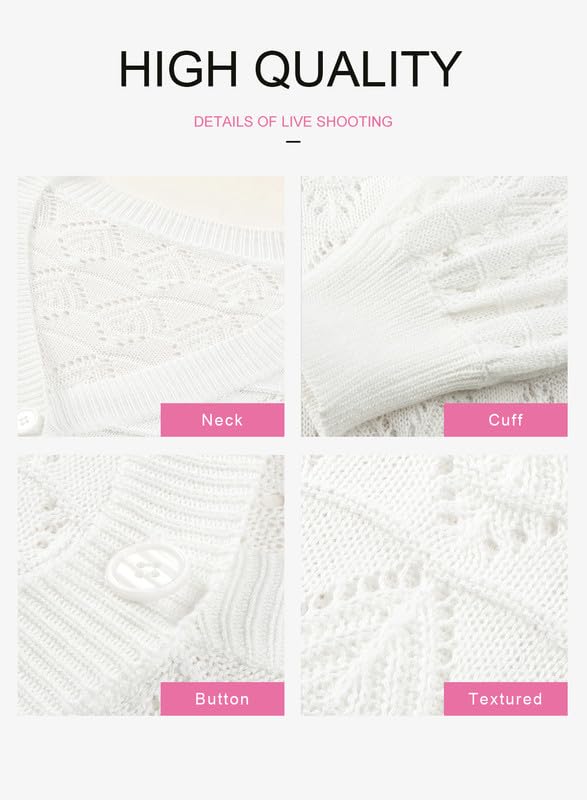 Dokotoo Women's Button Down Crochet Cardigan Casual Lightweight Long Sleeve Cropped Cardigan Sweaters Sexy V Neck Elegant Shrug Stylish White Open Front Outerwear XX-Large