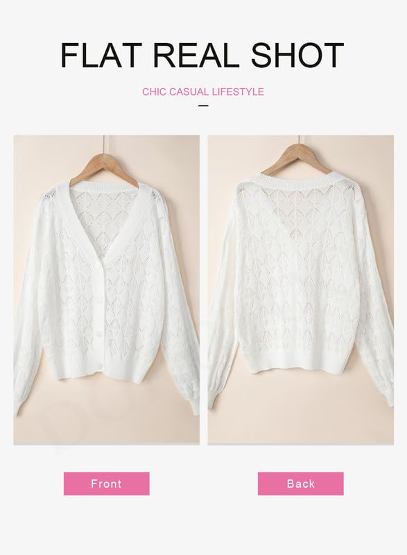 Dokotoo Women's Button Down Crochet Cardigan Casual Lightweight Long Sleeve Cropped Cardigan Sweaters Sexy V Neck Elegant Shrug Stylish White Open Front Outerwear XX-Large