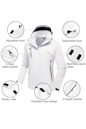 MAGCOMSEN Waterproof Jackets for Women 3 in 1 Jacket Winter Ski Jacket Fleece Lined Mountain Jacket Snow Hiking Jackets Pure White XL