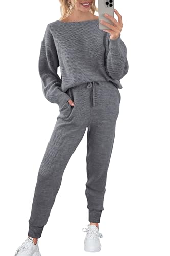 PRETTYGARDEN Women's 2 Piece Tracksuit Outfits Knitted Pullover Sweater Long Sweatpants Fall Matching Lounge Sets (Grey,Large)