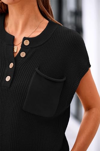 PRETTYGARDEN Womens Two Piece Outfits Sweater Sets Knit Pullover Tops And High Waisted Pants Matching Tracksuit Sweatsuit Set (Button Black,Medium)