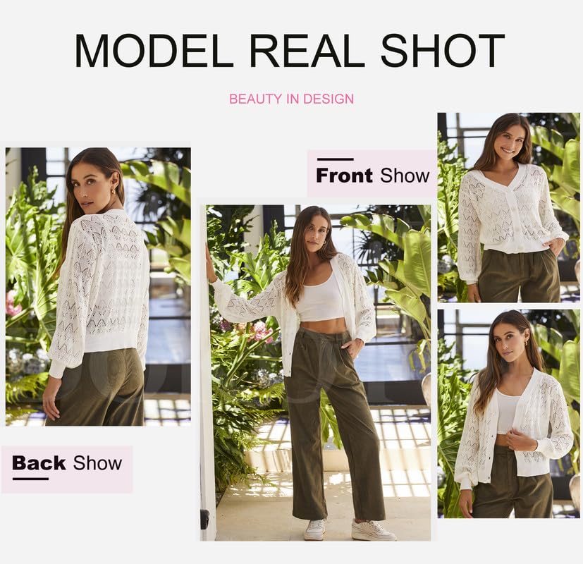 Dokotoo Women's Button Down Crochet Cardigan Casual Lightweight Long Sleeve Cropped Cardigan Sweaters Sexy V Neck Elegant Shrug Stylish White Open Front Outerwear XX-Large