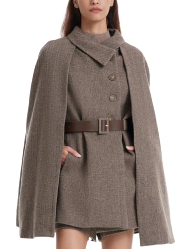 GOELIA Womens Winter Washable Wool Cloak Coats And Flap Neck Button Vest Two-Piece Set with Belt Plus Size Coat Outerwear