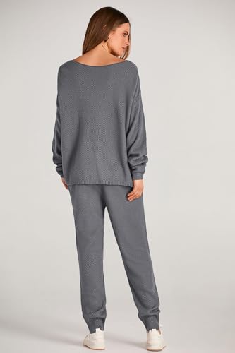 PRETTYGARDEN Women's 2 Piece Tracksuit Outfits Knitted Pullover Sweater Long Sweatpants Fall Matching Lounge Sets (Grey,Large)