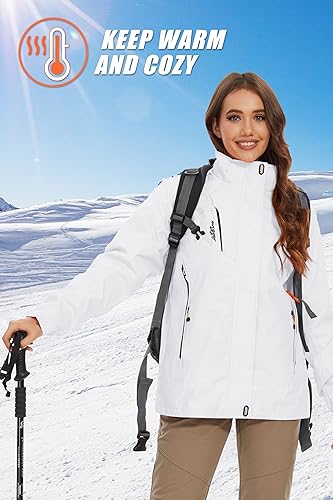 MAGCOMSEN Waterproof Jackets for Women 3 in 1 Jacket Winter Ski Jacket Fleece Lined Mountain Jacket Snow Hiking Jackets Pure White XL