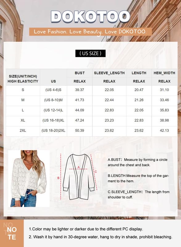 Dokotoo Women's Button Down Crochet Cardigan Casual Lightweight Long Sleeve Cropped Cardigan Sweaters Sexy V Neck Elegant Shrug Stylish White Open Front Outerwear XX-Large