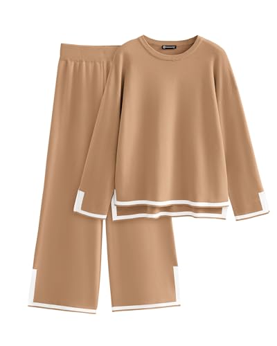 PRETTYGARDEN Women's 2 Piece Knit Sweater Set Casual Long Sleeve Pullover Wide Leg Pants Sweatsuit Tracksuit Outfit (Khaki,Medium)