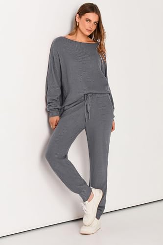 PRETTYGARDEN Women's 2 Piece Tracksuit Outfits Knitted Pullover Sweater Long Sweatpants Fall Matching Lounge Sets (Grey,Large)