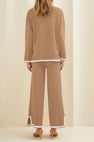 PRETTYGARDEN Women's 2 Piece Knit Sweater Set Casual Long Sleeve Pullover Wide Leg Pants Sweatsuit Tracksuit Outfit (Khaki,Medium)