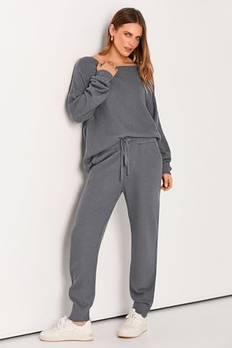 PRETTYGARDEN Women's 2 Piece Tracksuit Outfits Knitted Pullover Sweater Long Sweatpants Fall Matching Lounge Sets (Grey,Large)