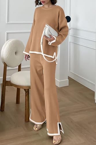 PRETTYGARDEN Women's 2 Piece Knit Sweater Set Casual Long Sleeve Pullover Wide Leg Pants Sweatsuit Tracksuit Outfit (Khaki,Medium)