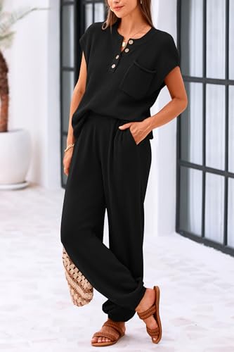 PRETTYGARDEN Womens Two Piece Outfits Sweater Sets Knit Pullover Tops And High Waisted Pants Matching Tracksuit Sweatsuit Set (Button Black,Medium)