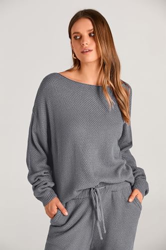 PRETTYGARDEN Women's 2 Piece Tracksuit Outfits Knitted Pullover Sweater Long Sweatpants Fall Matching Lounge Sets (Grey,Large)