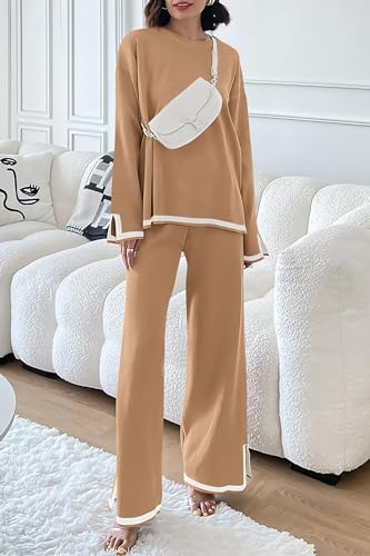 PRETTYGARDEN Women's 2 Piece Knit Sweater Set Casual Long Sleeve Pullover Wide Leg Pants Sweatsuit Tracksuit Outfit (Khaki,Medium)