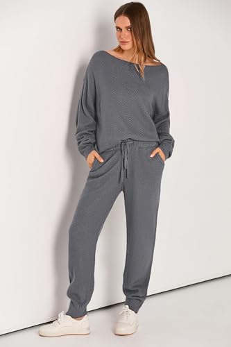 PRETTYGARDEN Women's 2 Piece Tracksuit Outfits Knitted Pullover Sweater Long Sweatpants Fall Matching Lounge Sets (Grey,Large)