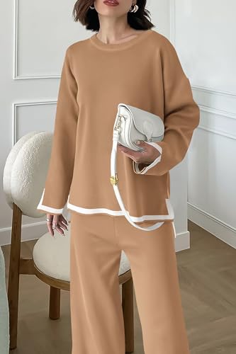PRETTYGARDEN Women's 2 Piece Knit Sweater Set Casual Long Sleeve Pullover Wide Leg Pants Sweatsuit Tracksuit Outfit (Khaki,Medium)
