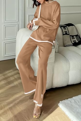 PRETTYGARDEN Women's 2 Piece Knit Sweater Set Casual Long Sleeve Pullover Wide Leg Pants Sweatsuit Tracksuit Outfit (Khaki,Medium)