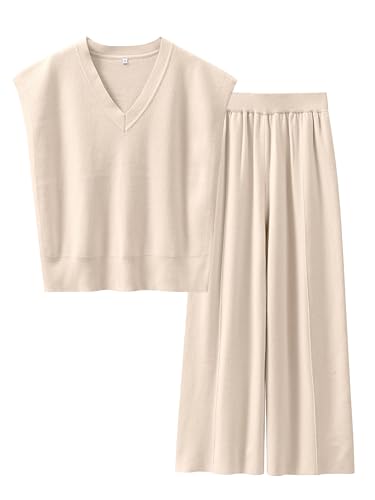 Caracilia Women's 2 Piece Outfits V Neck Sweater Vest & Wide Leg Pants Knit Lounge Matching Sets 2024 Fall Fashion Clothes Beige Medium