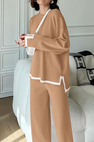 PRETTYGARDEN Women's 2 Piece Knit Sweater Set Casual Long Sleeve Pullover Wide Leg Pants Sweatsuit Tracksuit Outfit (Khaki,Medium)