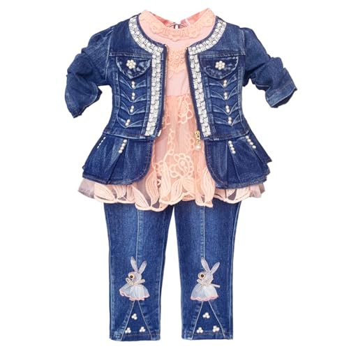 Peacolate 6M-3Years Spring Autumn Little Baby Girls Clothing Set 3pcs Long Sleeve Dress Bunny Denim Jacket and Jeans (Pink,1-2Years)
