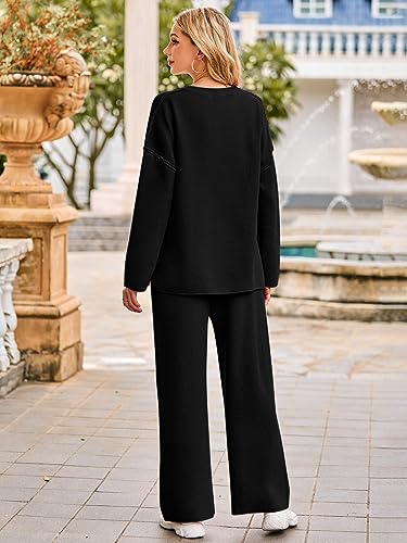 MEROKEETY Women's 2 Piece Outfit Sets Long Sleeve Button Knit Pullover Sweater and Pants Lounge Sets Black Small