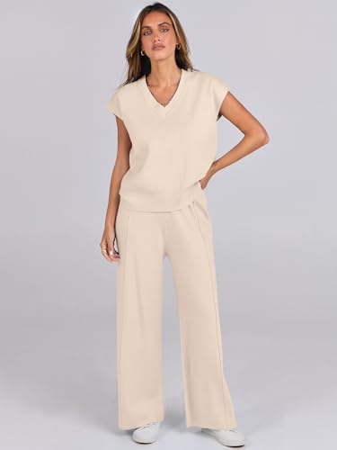 Caracilia Women's 2 Piece Outfits V Neck Sweater Vest & Wide Leg Pants Knit Lounge Matching Sets 2024 Fall Fashion Clothes Beige Medium