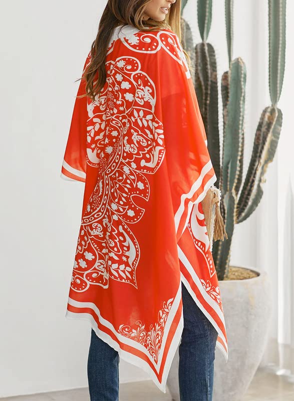 Dokotoo Womens Fashion Summer Beach Hawaiian Vacation Resort Wear Cruise Essentials Outfits Boho Clothes Beach Open Front Soft Printed Kimonos Bikini Set Swim Cover Up Swimwear Kimonos Outerwear