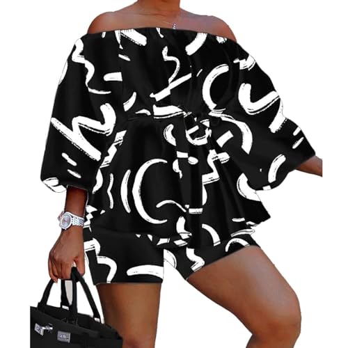 A ADILACA Plus Size Elegant Tunic Off Shoulder Blouse and Matching Shorts for Women 2 Piece Set, Womens Plus Floral Print Off Shoulder Sleeve Belted Blouse (Black White, XL)