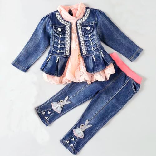 Peacolate 6M-3Years Spring Autumn Little Baby Girls Clothing Set 3pcs Long Sleeve Dress Bunny Denim Jacket and Jeans (Pink,1-2Years)