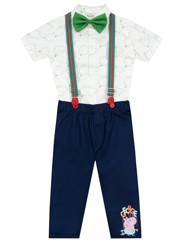 Peppa Pig George Pig Outfit | Short Sleeve Boys' Clothing Sets | Boys Outfit Set With Braces And Bow Tie | Blue 3T