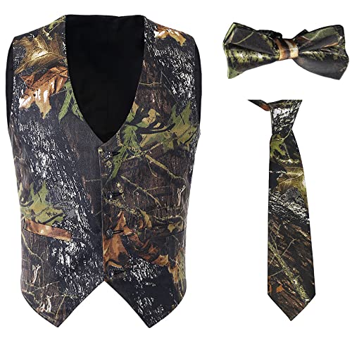 GSQWAHS Camo Vest and Tie for Men Camoflauge Hunting Vest for Formal Work Camouflage Vest and Tie Hunting Outerwear Army Green Mens Camo Wedding Vest and Tie Set, 3pack, 2xl