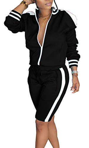 Lucuna Womens 2 Piece Shorts Set Stripe Print Lapel Neck Zipper Outerwear Top and Shorts Sweatpants Loungewear Romper