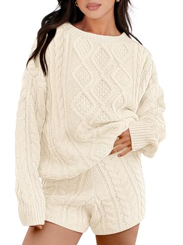 ANRABESS Women 2 Piece Outfits Sweater Lounge Loungewear Sets Fall Cable Knit Oversized Pullover Short Pants Matching Sets Beige X-Large