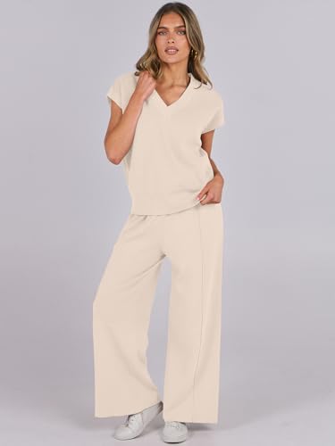 Caracilia Women's 2 Piece Outfits V Neck Sweater Vest & Wide Leg Pants Knit Lounge Matching Sets 2024 Fall Fashion Clothes Beige Medium