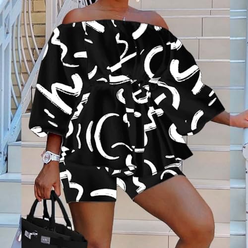 A ADILACA Plus Size Elegant Tunic Off Shoulder Blouse and Matching Shorts for Women 2 Piece Set, Womens Plus Floral Print Off Shoulder Sleeve Belted Blouse (Black White, XL)