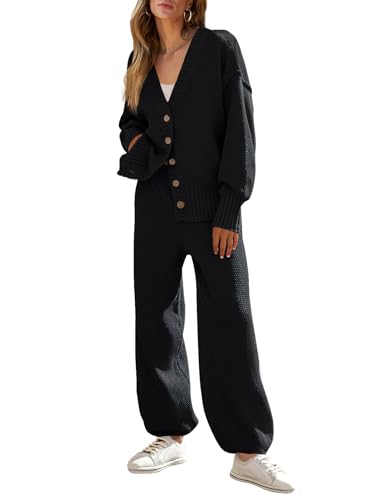 MEROKEETY Women's 2 Piece Outfits Sweater Sets Waffle Knit Cardigan and High Waist Pants Lounge Set, Black, S
