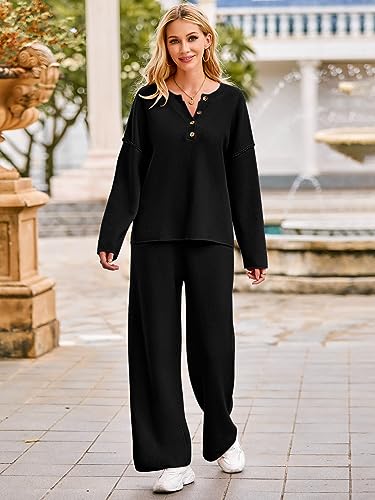 MEROKEETY Women's 2 Piece Outfit Sets Long Sleeve Button Knit Pullover Sweater and Pants Lounge Sets Black Small