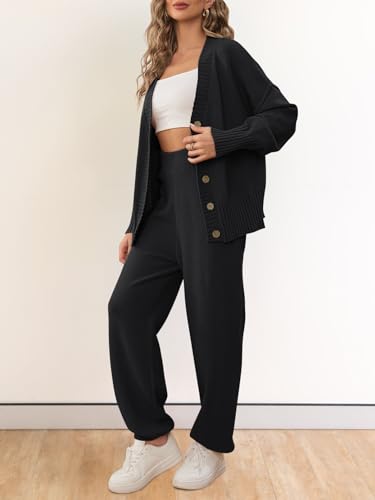 MEROKEETY Women's 2 Piece Outfits Sweater Sets Waffle Knit Cardigan and High Waist Pants Lounge Set, Black, S