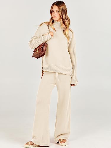 ANRABESS Women's 2 Piece Outfit Sweater Lounge Sets Long Sleeve Knit Pullover Wide Leg Pant Tracksuit Loungewear 2024 Fashion Small