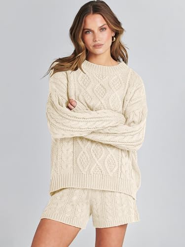ANRABESS Women 2 Piece Outfits Sweater Lounge Loungewear Sets Fall Cable Knit Oversized Pullover Short Pants Matching Sets Beige X-Large