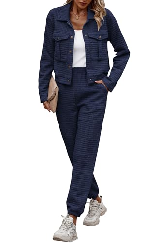 PRETTYGARDEN Womens 2024 Fall 2 Piece Outfits Tracksuit Long Sleeve Button Down Shacket Jacket Pockets Long Pants Casual Set (Navy,Medium)