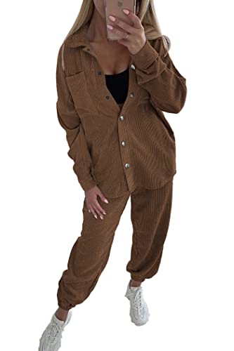 PRETTYGARDEN Women's 2 Piece Outfits Casual Corduroy Long Sleeve Button Down Jacket and Pants Tracksuit with Pockets (Brown,Medium)