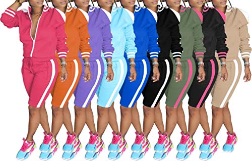 Lucuna Womens 2 Piece Shorts Set Stripe Print Lapel Neck Zipper Outerwear Top and Shorts Sweatpants Loungewear Romper