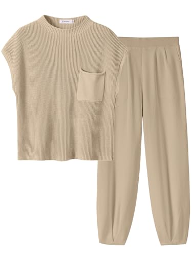 ANRABESS Women's Two Piece Outfits Knit Sweater Pullover Crop Top & Pants Lounge Matching Tracksuit Sweatsuit Sets 2024 Trendy Loungewear Clothes Khaki X-Large
