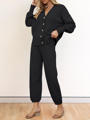 MEROKEETY Women's 2 Piece Outfits Sweater Sets Waffle Knit Cardigan and High Waist Pants Lounge Set, Black, S